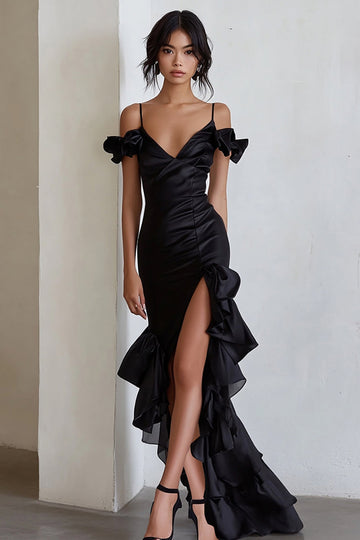 Black Cold Shoulder Ruffled Long Formal Dresswith Slit